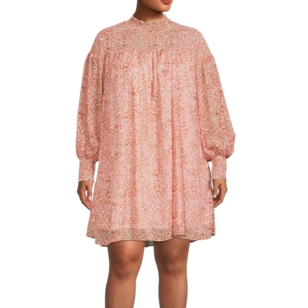 Terra & Sky Midi Plus Sz 3x Floral Long Bell Sleeve Dress Flowy Smocked